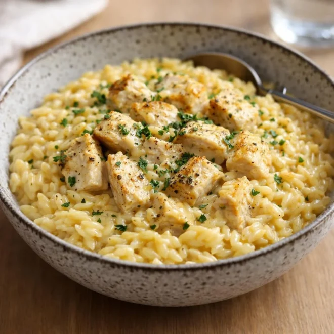 Orzo crémeux au poulet et cheddar fondant