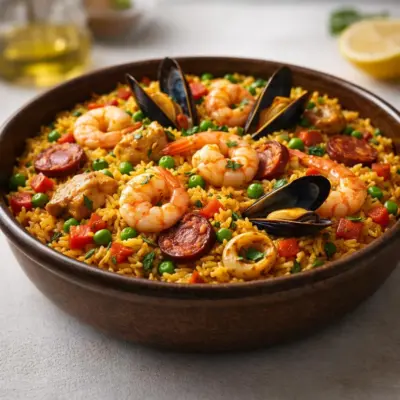 Paella espagnole aux fruits de mer : riz safrané au chorizo