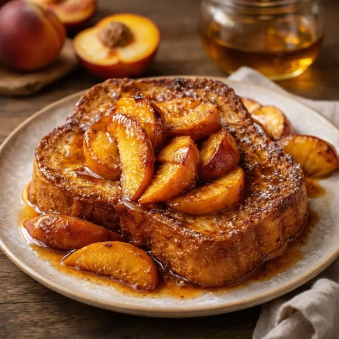Pain perdu brioché aux pêches rôties : caramélisé
