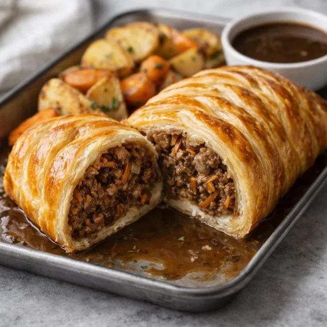 Pain à la viande de bœuf en pâte feuilletée tressée