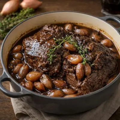 Paleron de bœuf confit aux échalotes : sauce brune