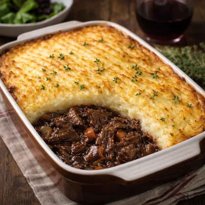 Parmentier de joues de bœuf au vin rouge, purée dorée