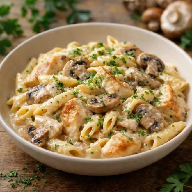 Pâtes à la crème poulet et champignons au parmesan
