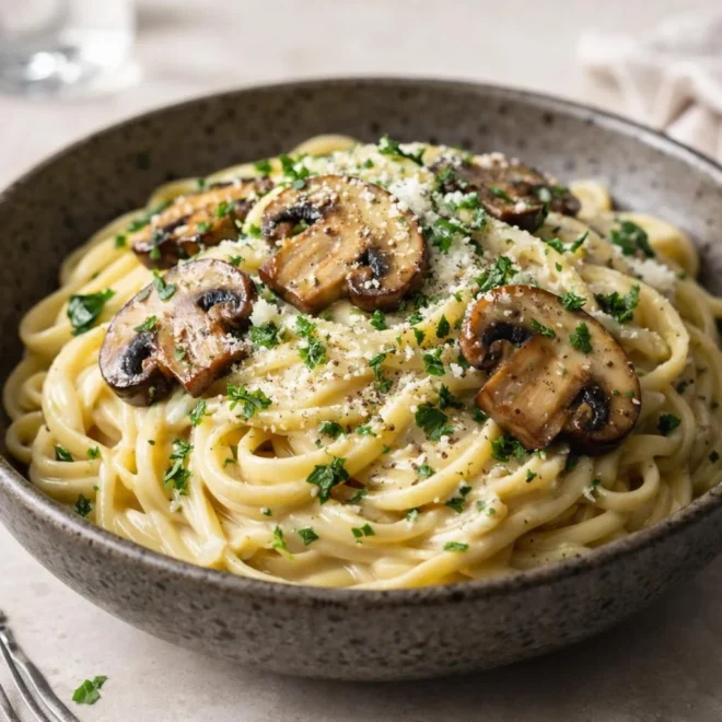 Recette pâtes crémeuses aux champignons à l’ail et parmesan