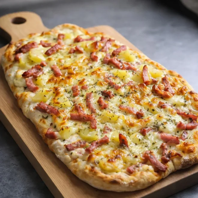 Pizza pommes de terre lardons mozzarella au four