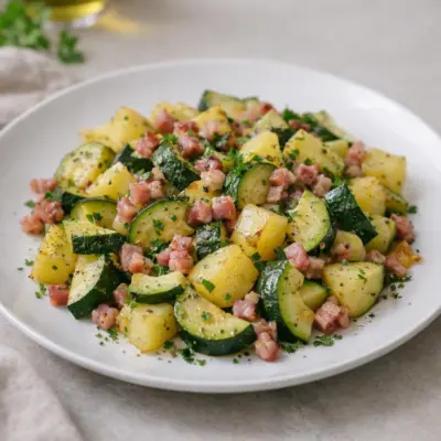 Poêlée de courgettes et pommes de terre au lard fumé