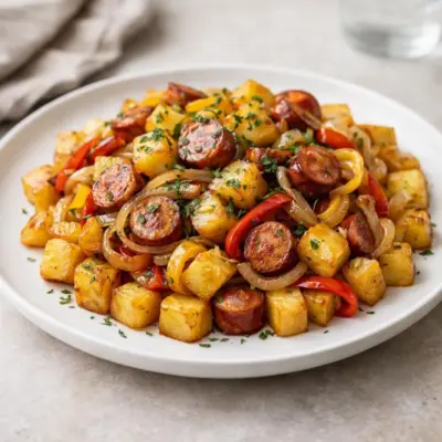 Poêlée de patates aux saucisses poivrons oignons