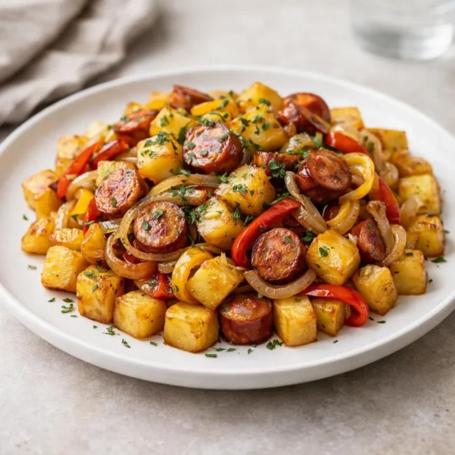 Poêlée de patates aux saucisses poivrons oignons