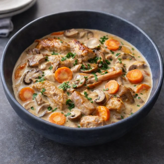 Poêlée de porc crémeuse aux champignons et carottes