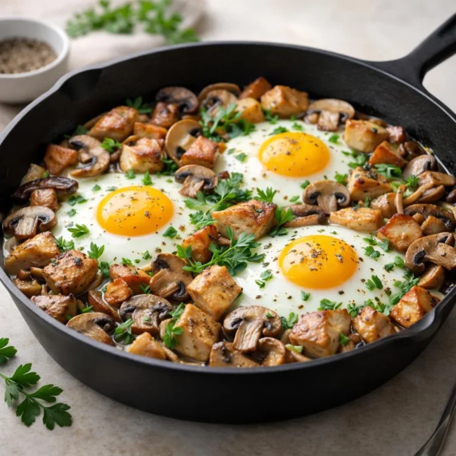 Poêlée forestière au poulet et aux œufs : recette facile