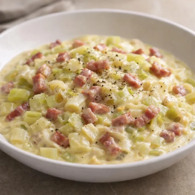 Poireraux à la carbonara : poireaux, lardons & parmesan