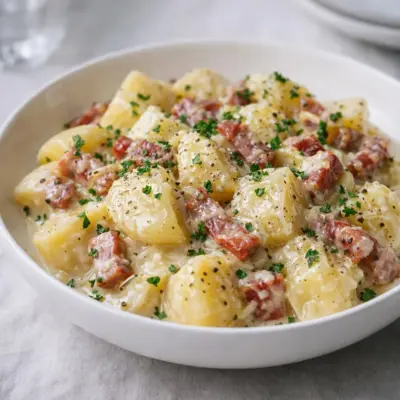 Pommes de terre à la carbonara : sauce œufs-parmesan