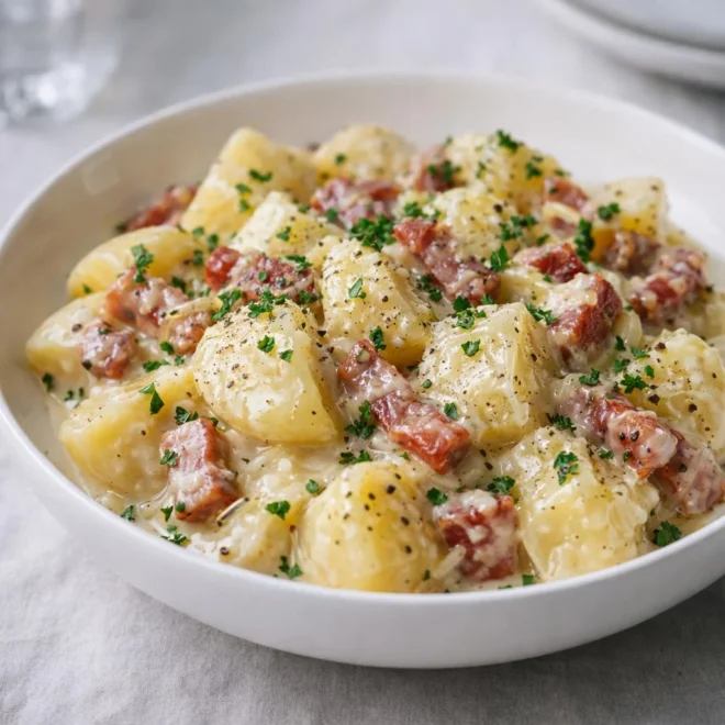 Pommes de terre à la carbonara : sauce œufs-parmesan