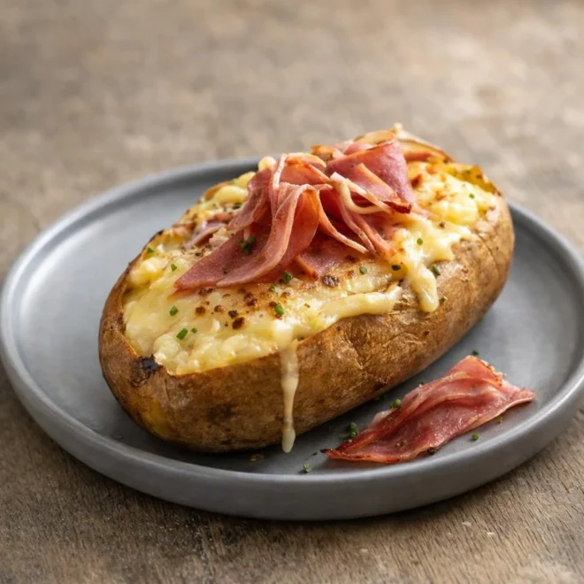 Pommes de terre farcies façon raclette, fromage qui coule