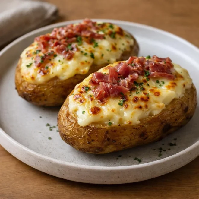 Pommes de terre farcies au fromage et jambon cru
