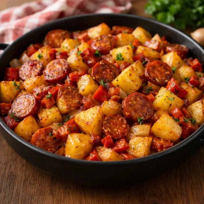 Pommes de terre rôties au chorizo, chorizo croustillant et jus épicé