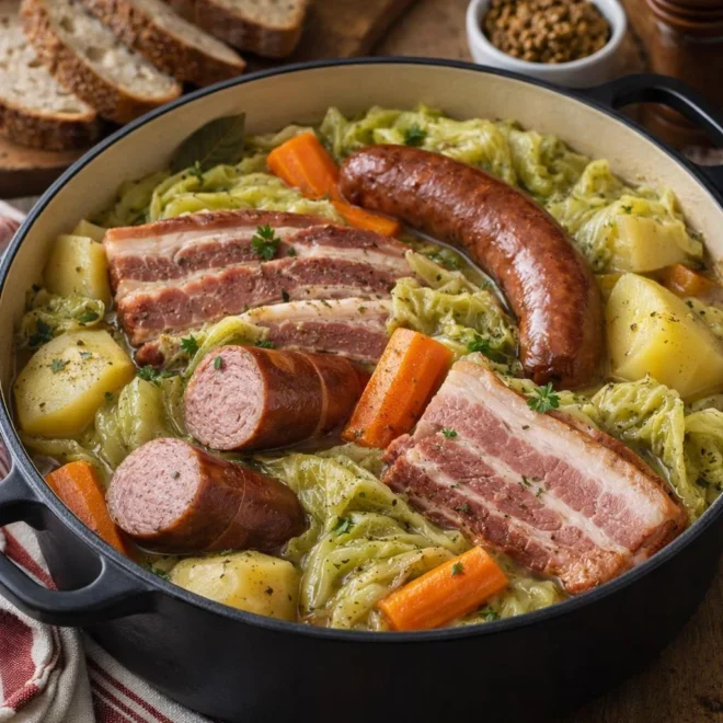 Potée paysanne au chou lard fumé et saucisses mijotée