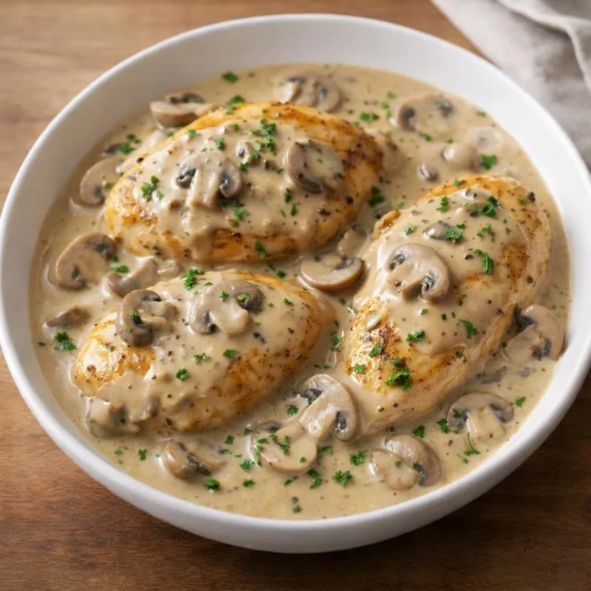 Poulet à la moutarde et aux champignons, sauce crémeuse