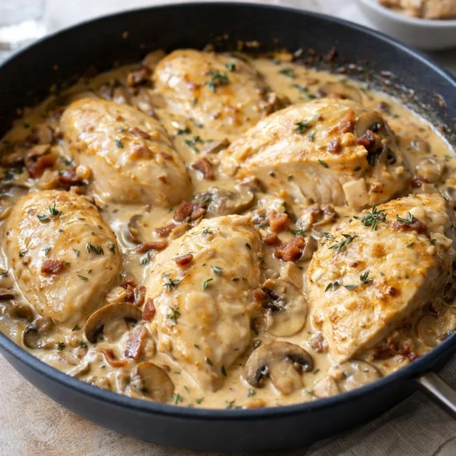 poulet à la moutarde et champignons en sauce crémeuse