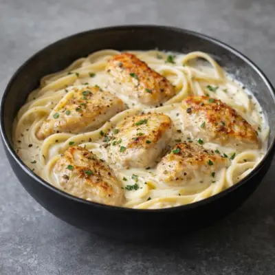Pâtes crémeuses au parmesan : poulet à l’ail et beurre