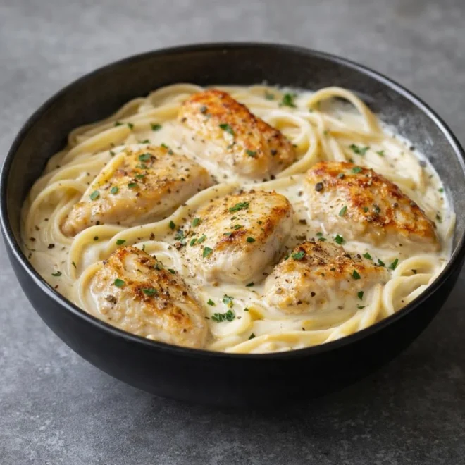 Pâtes crémeuses au parmesan : poulet à l’ail et beurre