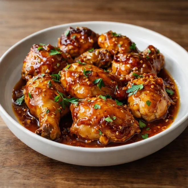 Poulet caramélisé au miel et à la moutarde, sauce