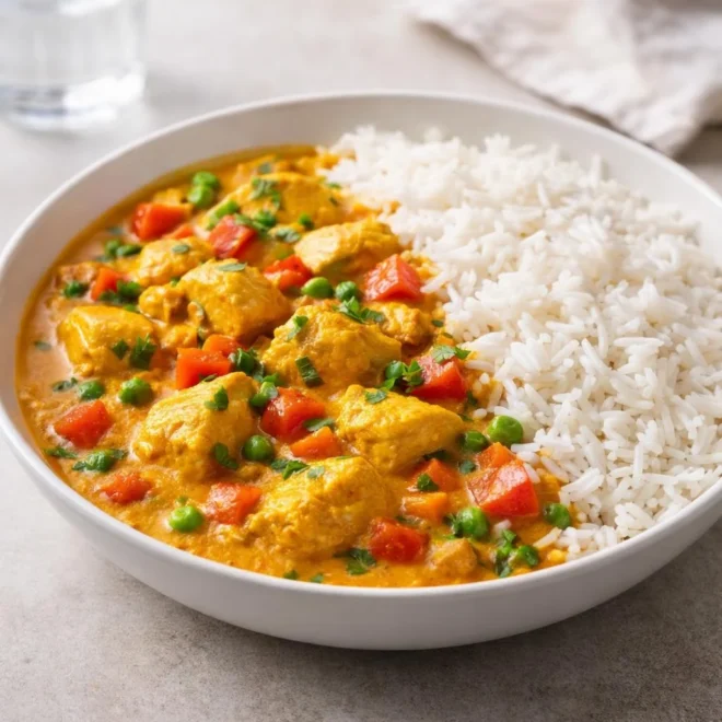 Poulet curry coco express : lait de coco et riz