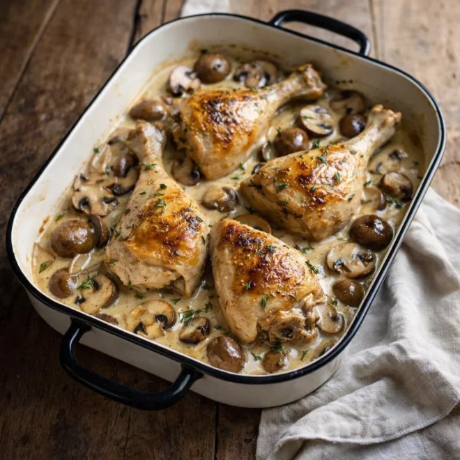 Poulet à la moutarde et aux champignons : sauce crémeuse