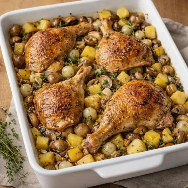 Poulet rôti au four pommes de terre champignons