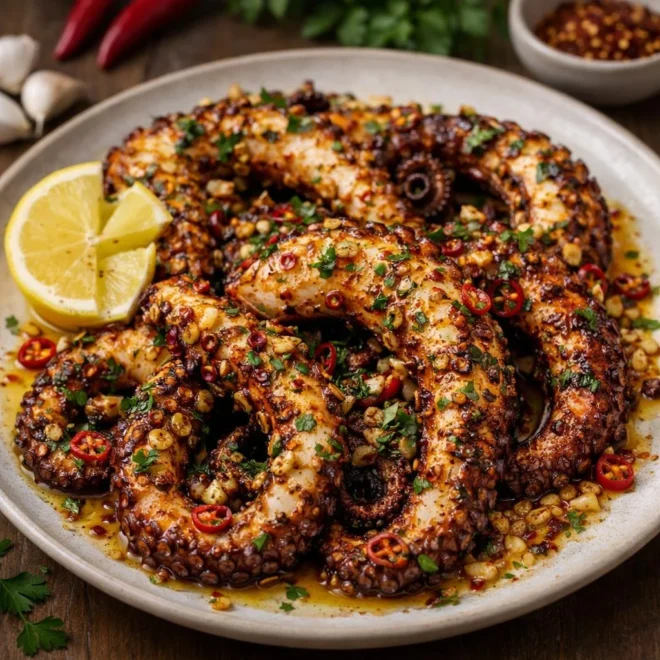 Poulpe grillé à l’ail et au piment : recette citronnée