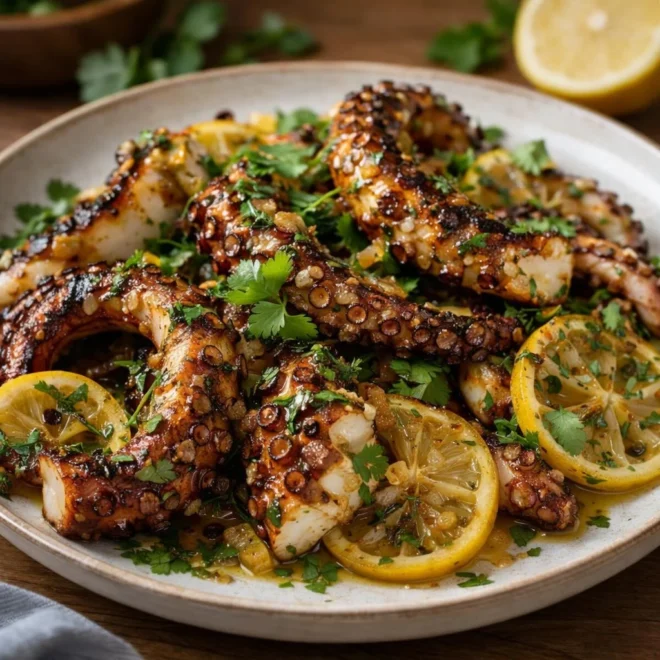 Poulpe grillé au citron confit et coriandre