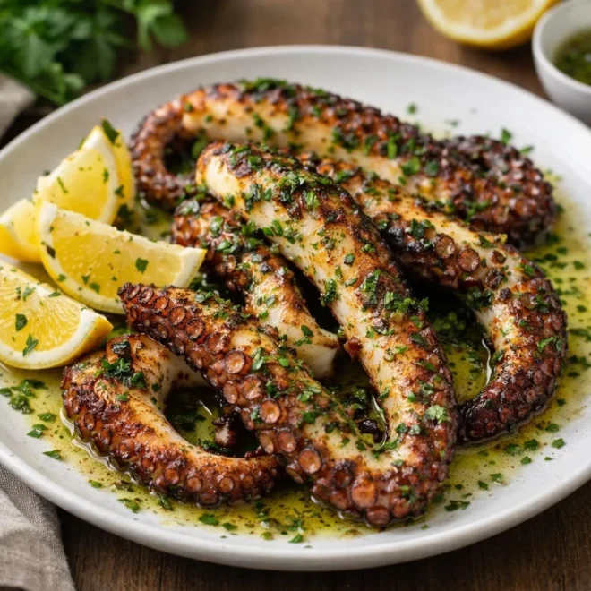 poulpe grillé au citron et aux herbes, tendre et grillé
