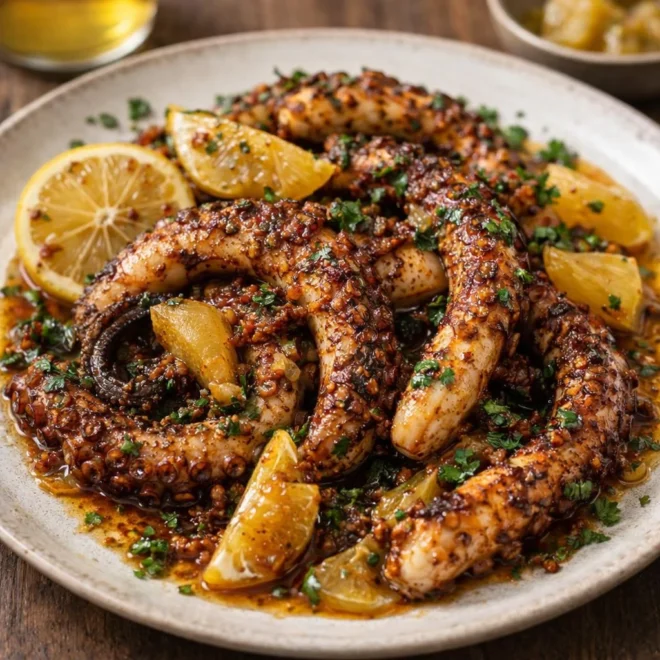 Poulpe grillé harissa douce citron confit