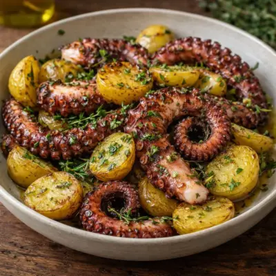 Poulpe rôti aux pommes de terre et herbes