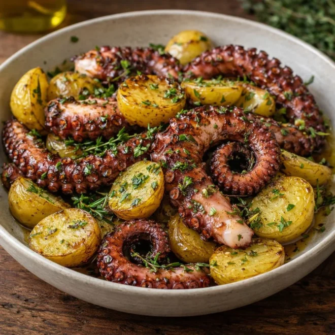 Poulpe rôti aux pommes de terre et herbes