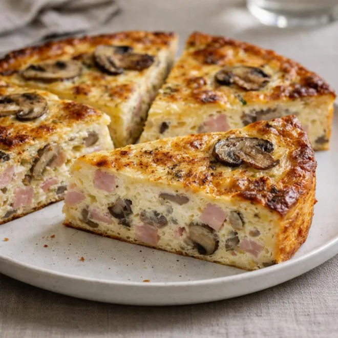 Quiche sans pâte aux champignons et jambon de poulet