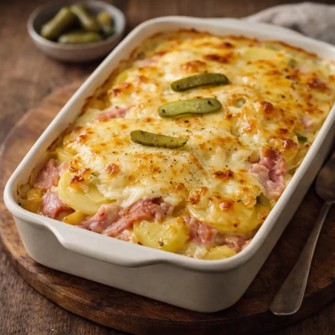 Raclette au four fondante : pommes, jambon et fromage