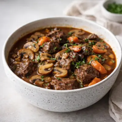 Ragoût de bœuf aux champignons et carottes au vin rouge