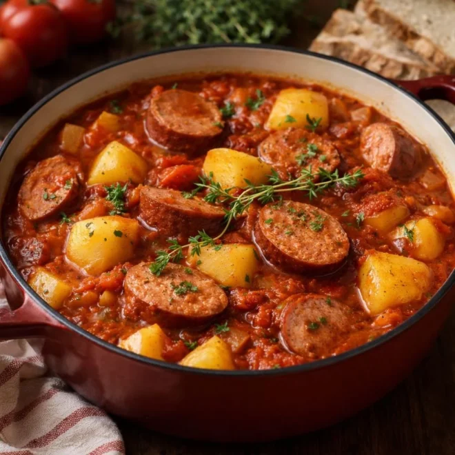 Ragoût de saucisses fumées aux tomates & pommes de terre