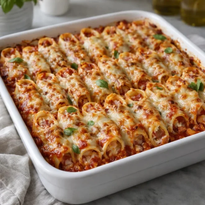 Rigatoni (ou pâtes en forme) farcies au jambon, sauce tomate, gratinées au fromage