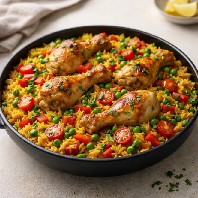 Riz au poulet et légumes façon paëlla