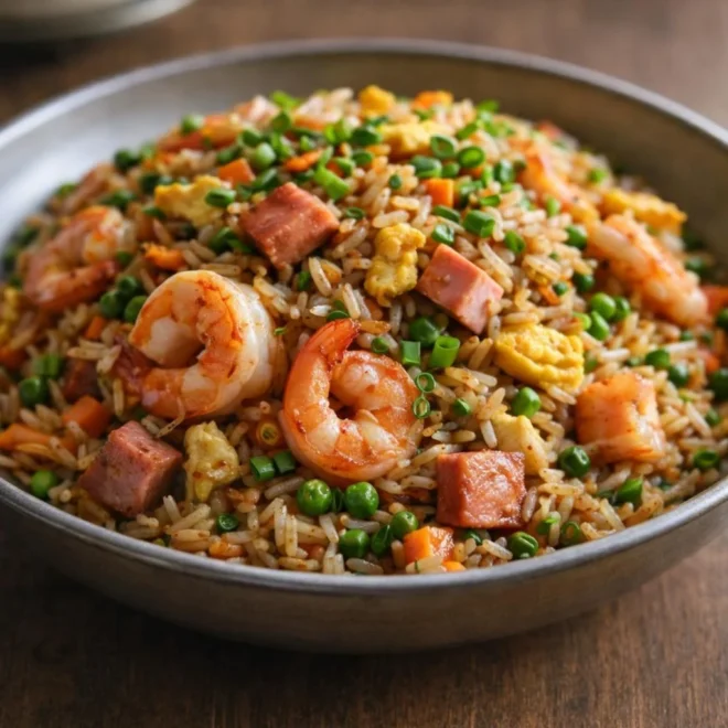 Riz cantonais express : crevettes, jambon, petits pois