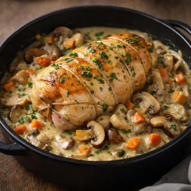 Rôti de dinde forestier en cocotte : sauce crémeuse