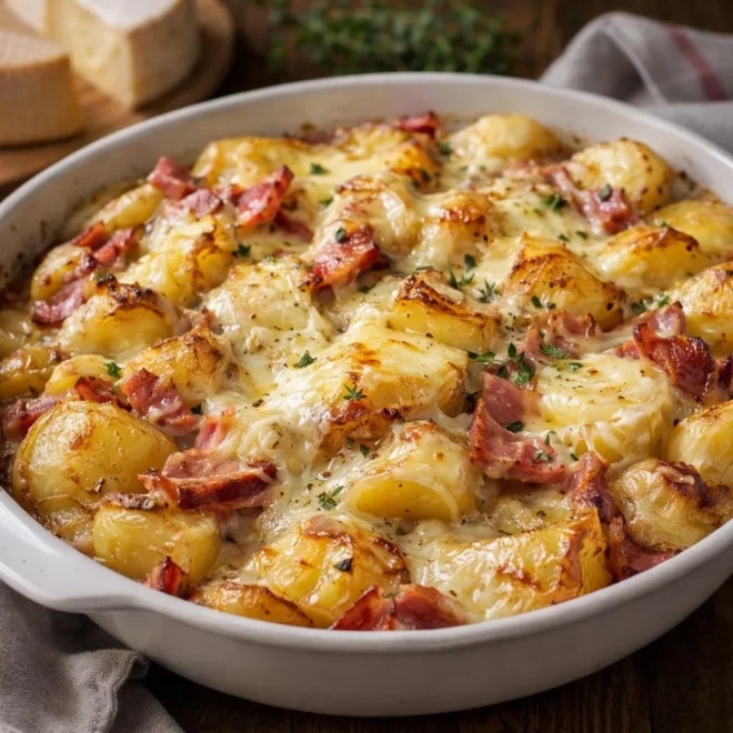 Rôti de pommes de terre au jambon fumé et reblochon