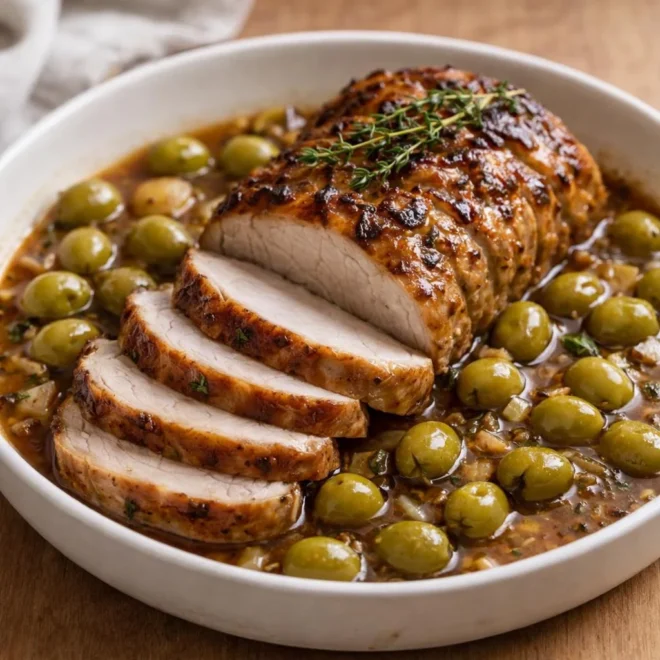 Recette rôti de porc aux olives vertes, cocotte