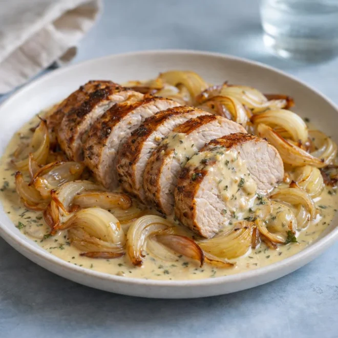 Rôti de porc braisé aux oignons & sauce crémeuse à l’ail