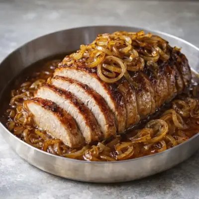 Rôti de porc caramélisé au miel et oignons dorés