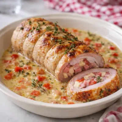 Rôti de porc farci au comté et jambon au four