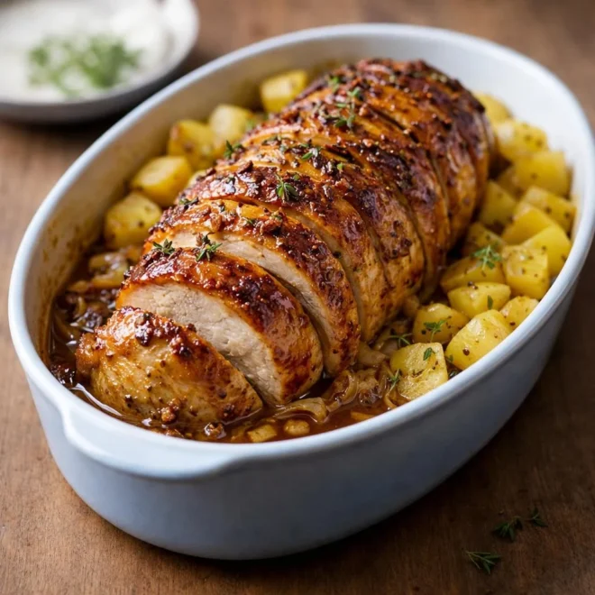 Rôti de porc à la moutarde et au miel au four