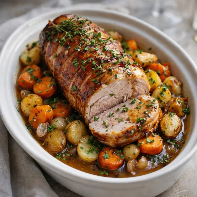 Rôti de veau au four : juteux, herbes et légumes